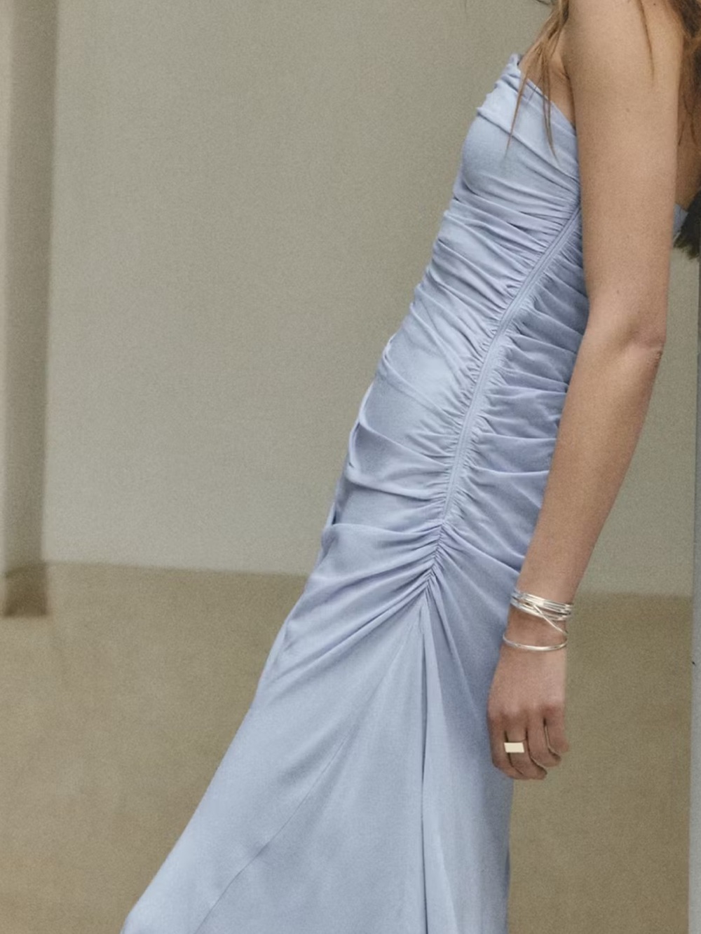 Mango asymmetrical Light Blue Ruched Strapless Evening Dress